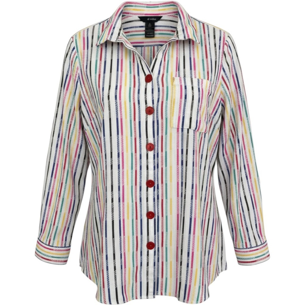 Ali Miles Multi Color Shirt XL Striped Front Roll Tab Sleeve Stretch Cotton‎